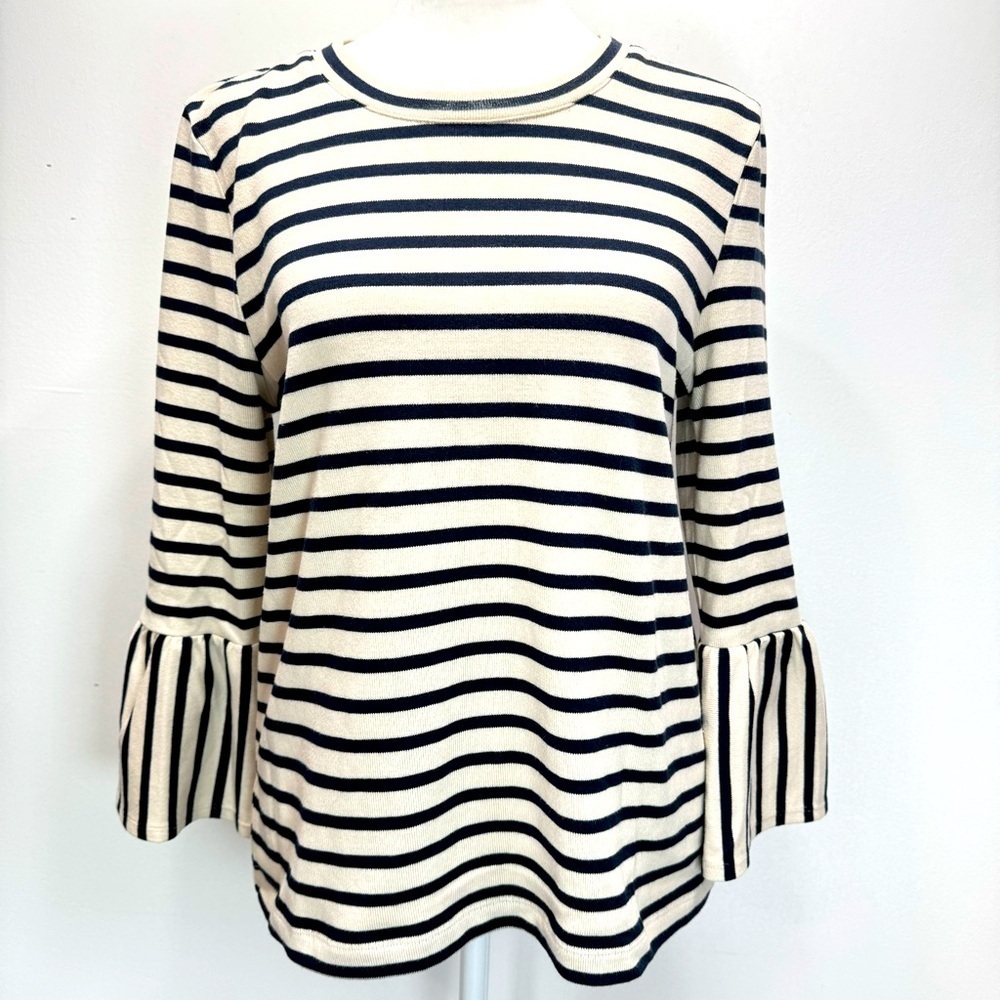 Beige & Navy Striped Sweater 3/4 Bell Sleeves Cotton Blend Nautical Boho Small